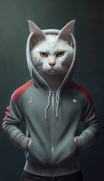 Photo Shoot of Cool, Cute and Adorable Humanoid Cymric Cat in Stylish Sportswear:A Unique Athletic Animal in Action with Comfortable Activewear and Gym Clothes like Men, Women, and Kids