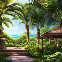 Lush tropical-themed outdoor space1, Generative AI