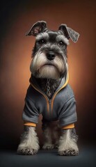Photo Shoot of Cool, Cute and Adorable Humanoid Miniature Schnauzer Dog in Stylish Sportswear:A Unique Athletic Animal in Action with Comfortable Activewear and Gym Clothes like Men, Women, and Kids