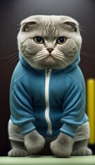 Photo Shoot of Cool, Cute and Adorable Humanoid Scottish Fold Cat in Stylish Sportswear:A Unique Athletic Animal in Action with Comfortable Activewear and Gym Clothes like Men, Women, and Kids