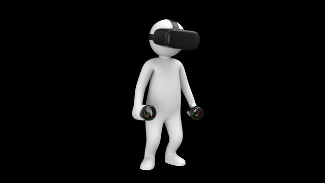 Stickman play game in virtual reality headset - 3d render looped with alpha channel.
