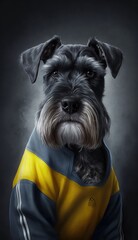 Photo Shoot of Cool, Cute and Adorable Humanoid Standard Schnauzer Dog in Stylish Sportswear:A Unique Athletic Animal in Action with Comfortable Activewear and Gym Clothes like Men, Women, and Kids