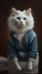Photo Shoot of Cool, Cute and Adorable Humanoid Turkish Angora Cat in Stylish Sportswear:A Unique Athletic Animal in Action with Comfortable Activewear and Gym Clothes like Men, Women, and Kids
