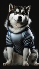 Photo Shoot of Cool, Cute and Adorable Humanoid Alaskan Malamute Dog in Stylish Sportswear:A Unique Athletic Animal in Action with Comfortable Activewear and Gym Clothes like Men, Women, and Kids