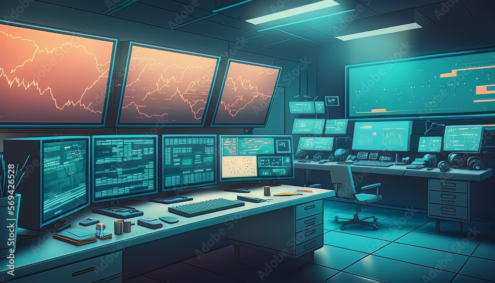 Poster Business stock market computer system display interior background. Generative AI technology.	
