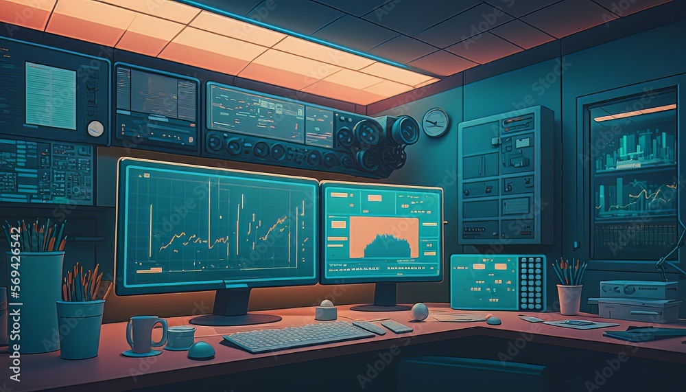 Aufkleber Modern retro 80s trader businessman stock market computer system display interior background. Generative AI technology.	