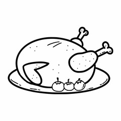 Turkey on platter. Baked chicken. Thanksgiving dish. Vector doodle illustration. Restaurant menu. Hand drawn icon.