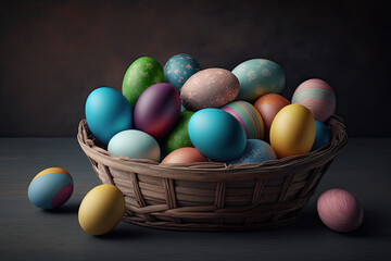 Naklejka na ściany i meble A basket full of colorful Easter eggs, generative ai illustration on a neutral background