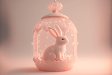 easter bunny, pink rabbit inside a lantern, filigree, dreamy, 