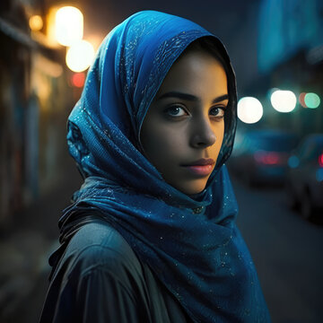 Beautiful serious middle eastern teenage girl wearing a hijab illuminated by the blue neon light. Generative AI	