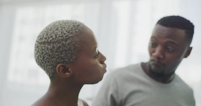 Brushing teeth, love and couple with water in bathroom for morning routine, dental hygiene and wellness. Mouthwash, dating and black man and woman with toothpaste for oral care, health and cleaning