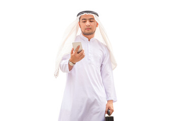 Arab businessman in the modern city, Young Saudi skilled professional engineer using smartphone