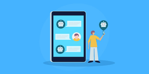 Young man with mobile having dialogue with smart chatbot application, Automate customer support service with artificial intelligence virtual assistant  web banner concept.