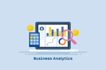 Business analytics data insights information on laptop monitor, investment financial accounting software technology concept, web banner template.