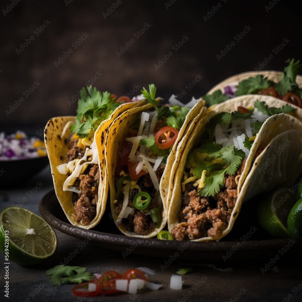 Wall mural Close up delicious Mexican tacos.Generative AI