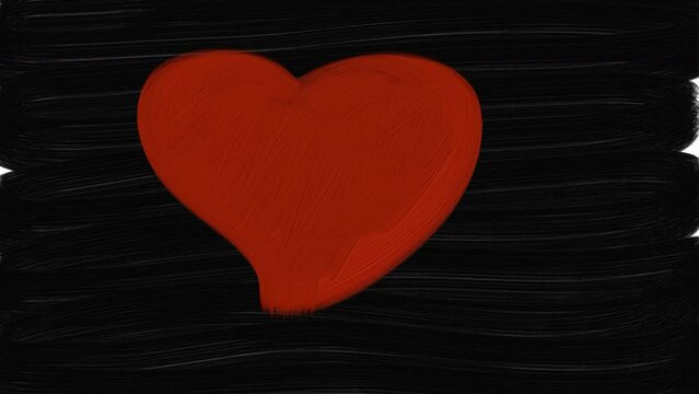 Red heart mark drawn in acrylics on a black background