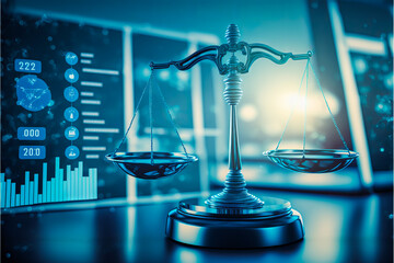 Balancing justice in a digital context highlighting the business environment and international trade. Ideal for lawyers and executives. Generative AI - obrazy, fototapety, plakaty