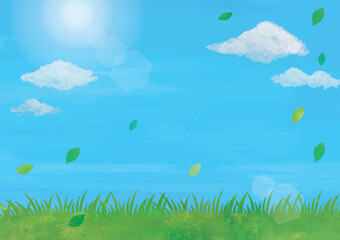 草原と空と緑の葉っぱ水彩画風景