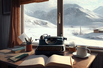 A writer's room, author of books. Outside the window is a winter scenery. Ai, generative