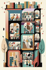Multilevel Complex Filled with Knowledge Seekers - Vector Illustration