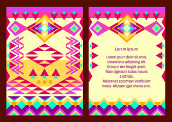 Aztec style vertical flyer set with Mexican ethnic elements. Vector.