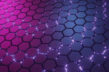 3D hexagon blue and purple background. Hexagonal shapes. Top camera view of honey comb structure...