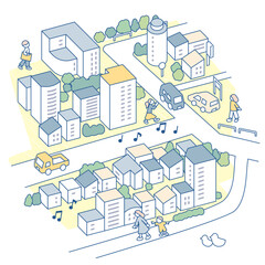 音のあふれる市街地。家族と散歩