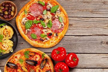 Italian cuisine. Pizza, pasta and toasts