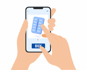 Human hand holding smartphone for online order of medicines. Home delivery of pharmacy service.