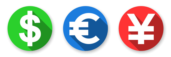 Currency exchange flat icons collection. Set of three icons with USD, EUR and CNY pictograms.