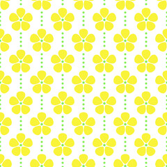 Yellow flowers and green dots on white background. Vector seamless pattern. Best for textile, wallpapers, home decoration, digital paper, package and your design.