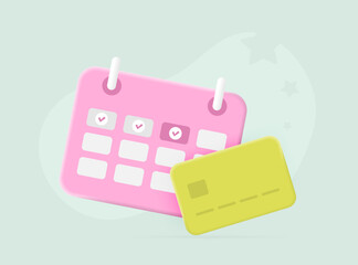 3D vector concept of monthly subscription payment. Calendar highlighting monthly payment date, paired with bank card symbol. Convenient pay process for subscribers - obrazy, fototapety, plakaty
