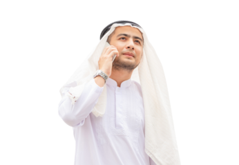 Arab businessman in the modern city, Young Saudi skilled professional engineer using smartphone