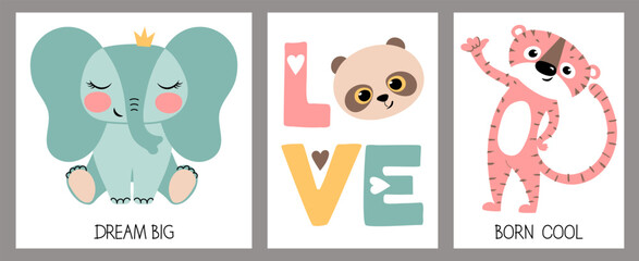 A set of illustrations with cute animals. Panda, pink tiger and blue elephant with motivational inscriptions. Postcard, poster, decoration of the children's room, children's T-shirt with print.
