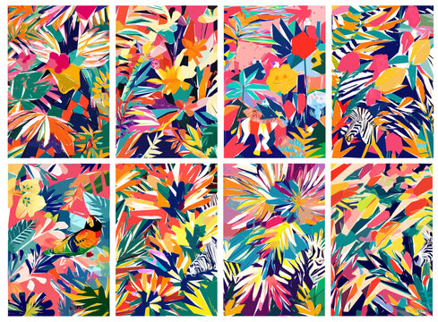 Colorful Jungle with tropical leaves, animals, birds and exotic flowers. Vector illustration.