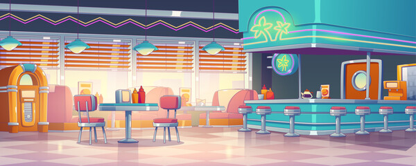 Empty American retro 50s diner interior design. Vector contemporary cartoon illustration, vintage style fast food cafe with red couches, chairs, tables, jukebox, coffee machine illuminated with lamps