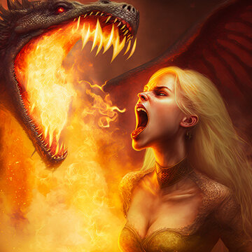 A dramatic struggle between a woman with blonde hair and a powerful dragon spewing forth flames from its open mouth. Use this image to create a captivating story and evoke emotion. Generative AI