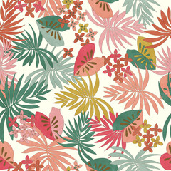 Botanical seamless tropical pattern and plants on a light background. Seamless pattern with colorful leaves and plants. Tropic leaves in bright colors.