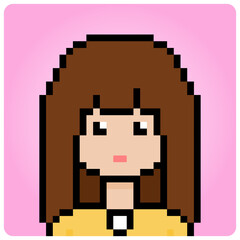 8 bit pixel human portrait. Cartoon woman for game assets in vector illustration.