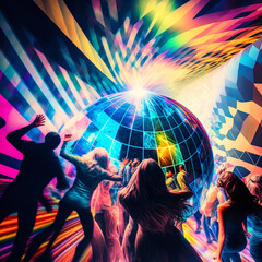 Obraz premium Dancing under disco mirror ball. Nightlife and disco concept.Generative AI.