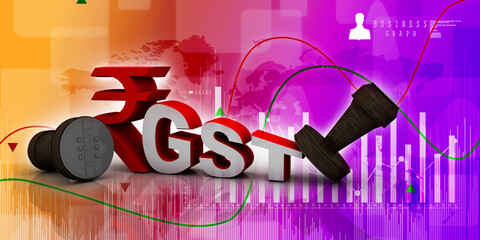 3d rendering GST Tax India with rupee sign near rubber stamp