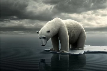 Foto op Canvas Polar bear in north pole on melting ice caps. Climate change, global warming concept. Generative AI. © erika8213