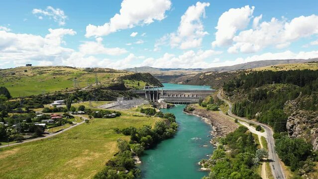 Renewable power production in Roxburgh Hydro Dam, Clutha River, New Zealand, drone view