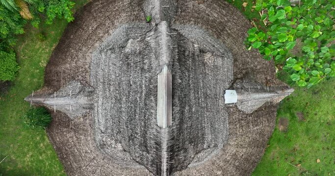 Maloca in the jungle of Peru near Iquitos, house for meditation, cerimonies, Ayahuasca, Cambpo, yoga, master plants, medicine. Aerial above view drone high resolution 4k