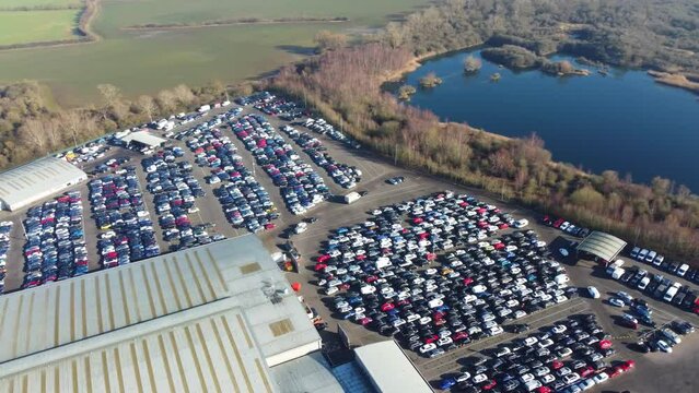 Aerial Footage of Huge Car Parking at Kempston Bedford Town of England UK. The Footage Was Captured on 06-Feb-2023 with Drone's Camera	
