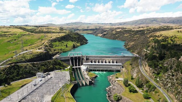 Roxburgh Hydro Dam Power Plant in Central Otago, Clutha River, New Zealand, aerial view
