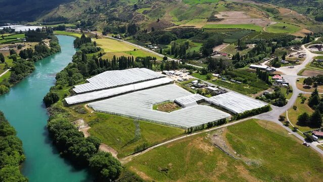 Farming field in Central otago, roxburgh area, Nez Zealand from above, covered with agricultural film