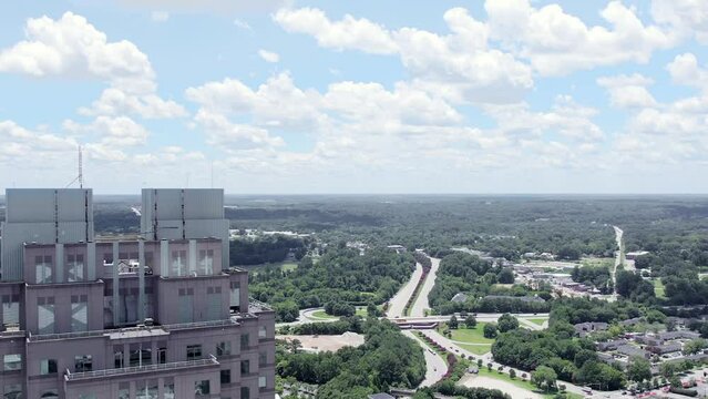 Aerial reveal of PNC Plaza skyscraper in Raleigh, North Carolina.
