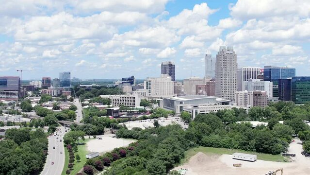 Aerial establishing shot of Raleigh North Carolina on beautiful summer day.