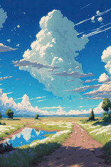 Journey at Wild Nature. Clear Sunny day, Sky with Movie Atmosphere and Wonderful Cloud, Beautiful Colorful Landscape, Anime Comic Style Art. For Poster, Novel, UI, WEB, Game, Design